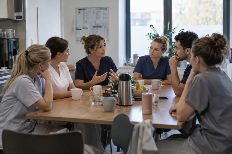 Die Inhaberin einer Zahnarztpraxis bespricht mit ihrem Team den Tag